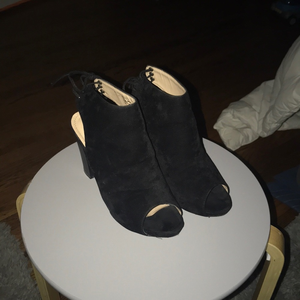Back Lace Up Cut Out High Block Heel Ankle Booties